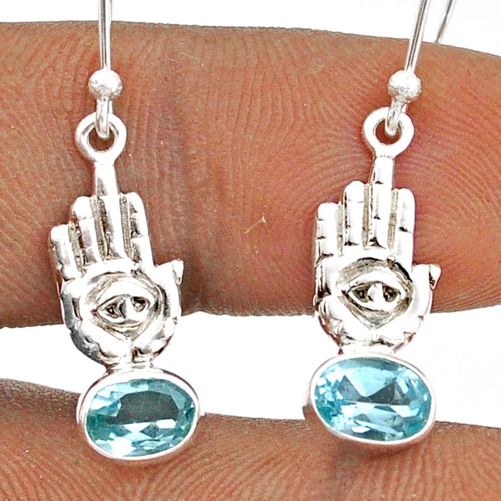 3.21cts natural blue topaz 925 sterling silver hand of god hamsa earrings t85323