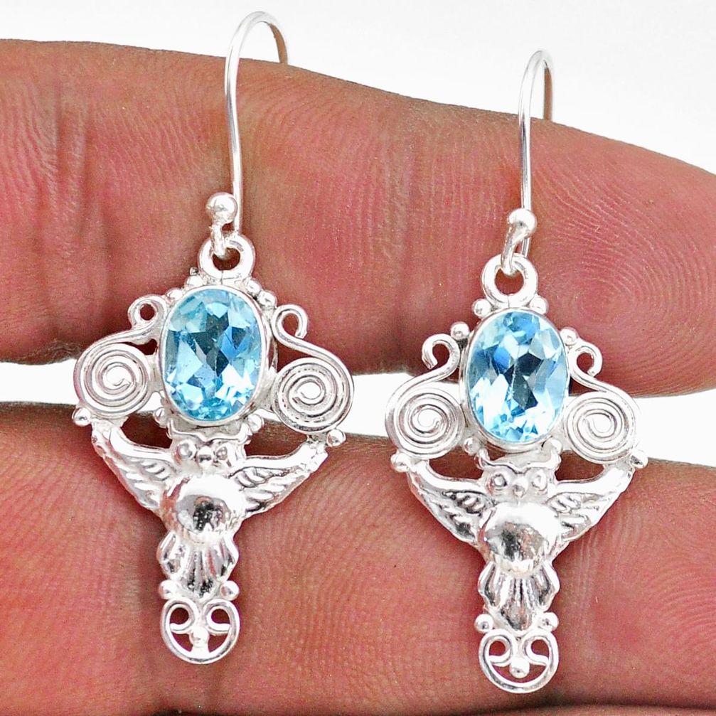4.06cts natural blue topaz 925 sterling silver owl earrings jewelry t47025