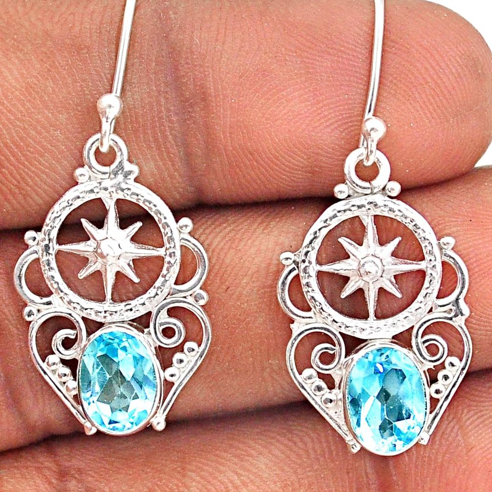 4.30cts natural blue topaz 925 sterling silver star amulet earrings t87373