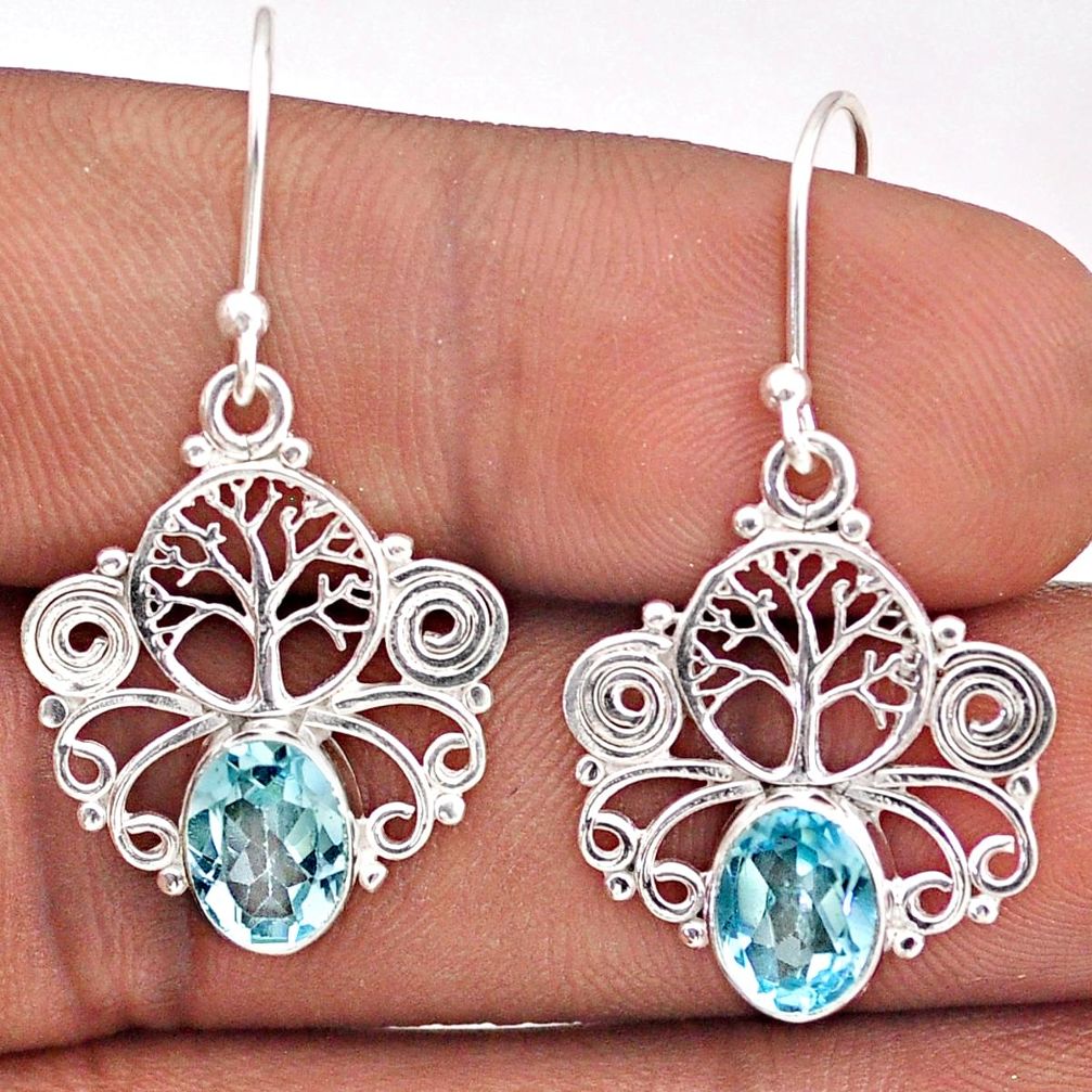 4.22cts natural blue topaz 925 sterling silver tree of life earrings t87334