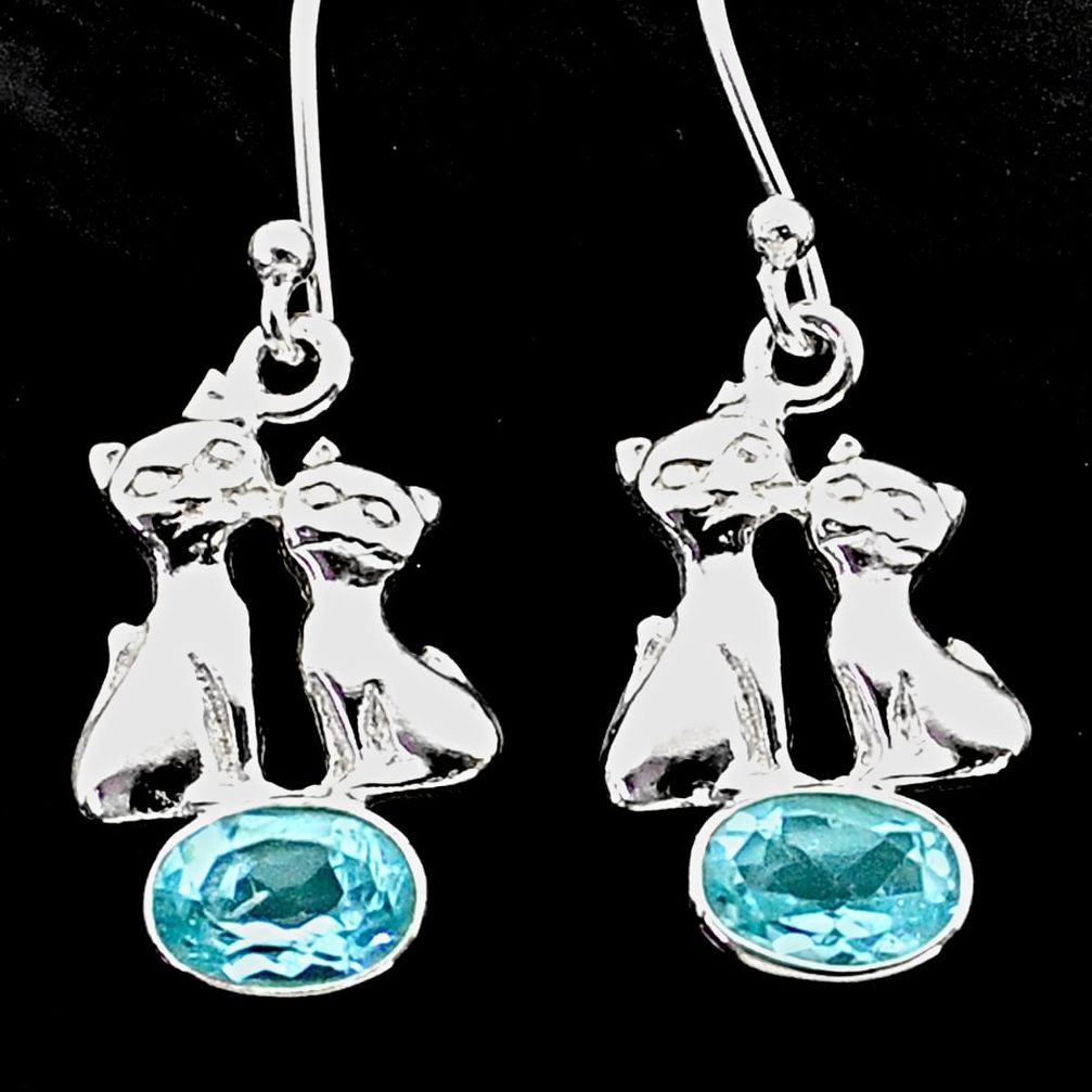 3.28cts natural blue topaz 925 sterling silver two cats earrings jewelry t62782
