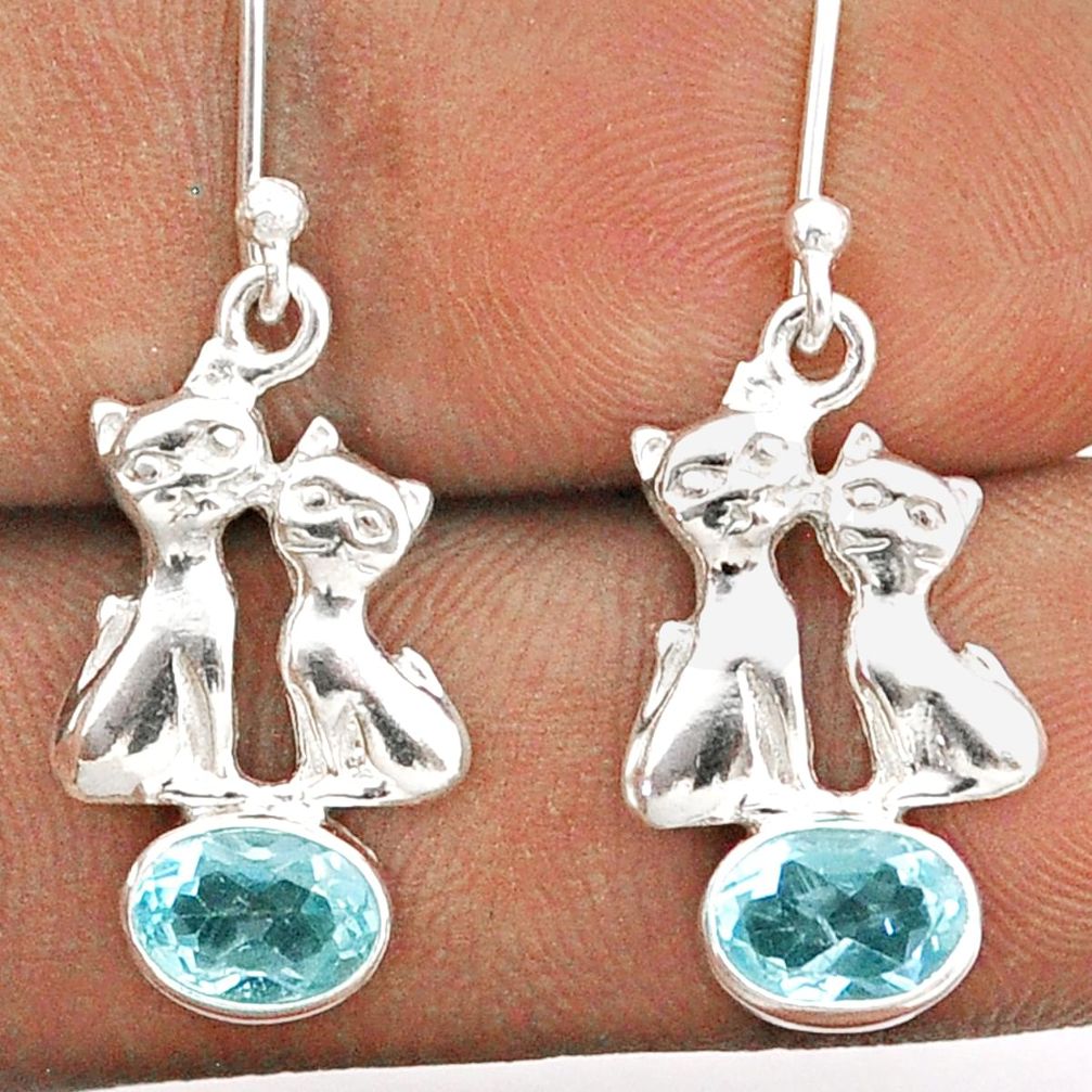 3.37cts natural blue topaz 925 sterling silver two cats earrings jewelry t85355