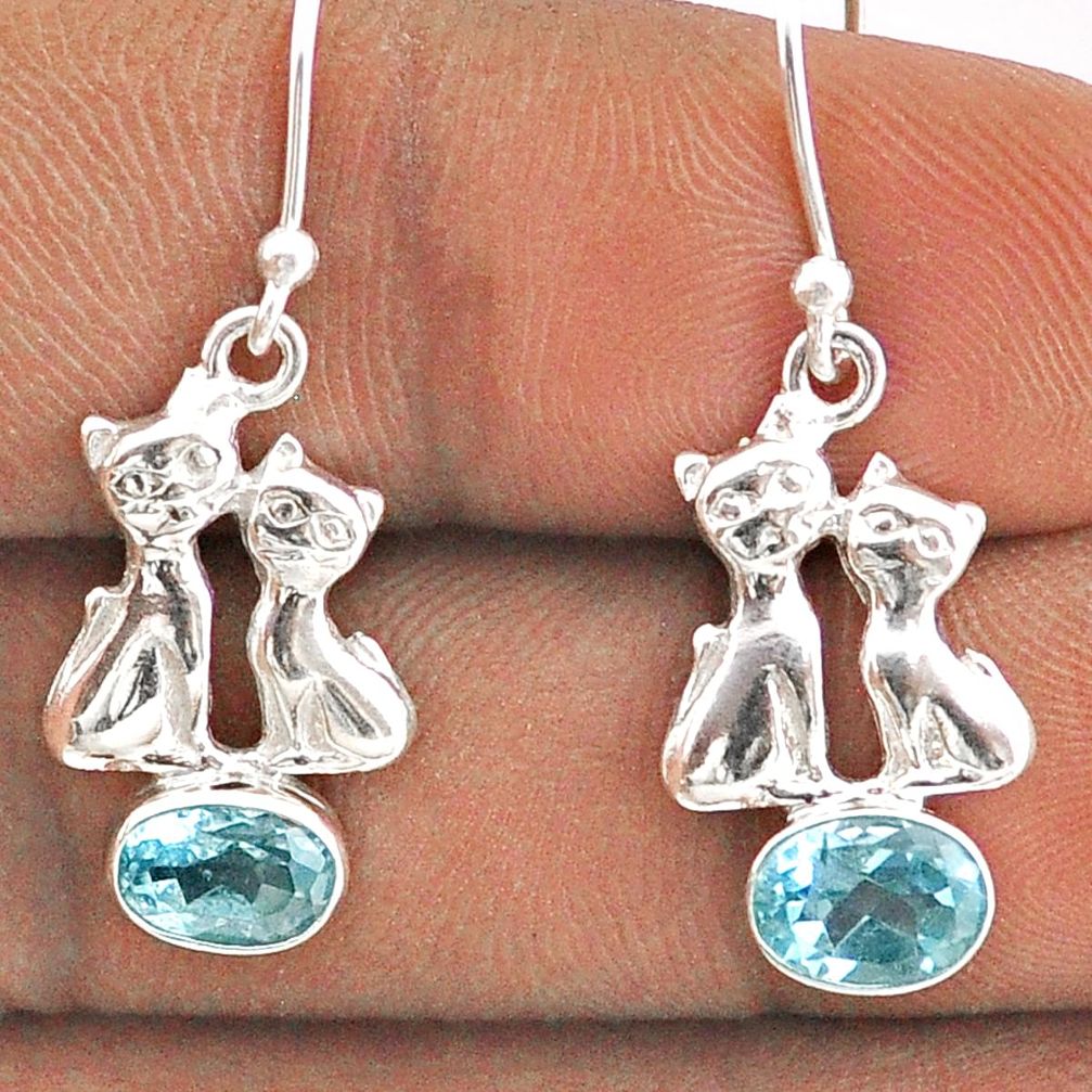 3.21cts natural blue topaz 925 sterling silver two cats earrings jewelry t85379