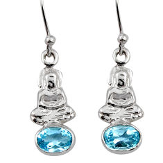 3.09cts natural blue topaz oval 925 sterling silver buddha charm earrings y39270
