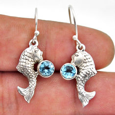 1.21cts natural blue topaz round sterling silver fish earrings jewelry n51111
