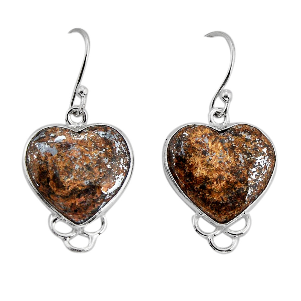 12.91cts natural brown bronzite heart 925 sterling silver dangle earrings y73019