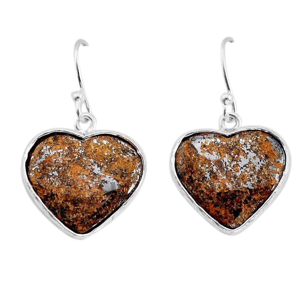 12.91cts natural brown bronzite heart 925 sterling silver dangle earrings y79564