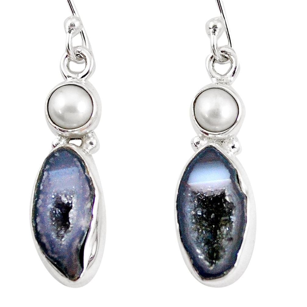 11.21cts natural brown geode druzy pearl 925 silver dangle earrings p11369