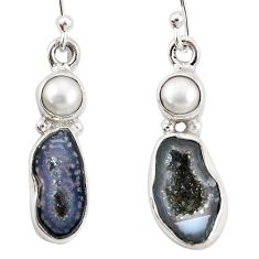 10.78cts natural brown geode druzy pearl 925 silver dangle earrings p11377