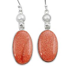 17.53cts natural brown goldstone white pearl 925 silver dangle earrings y15548