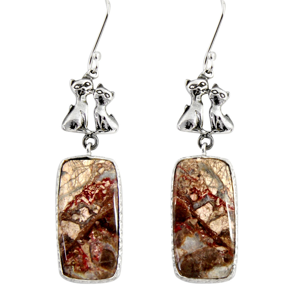 17.39cts natural brown mushroom rhyolite 925 silver two cats earrings d39612