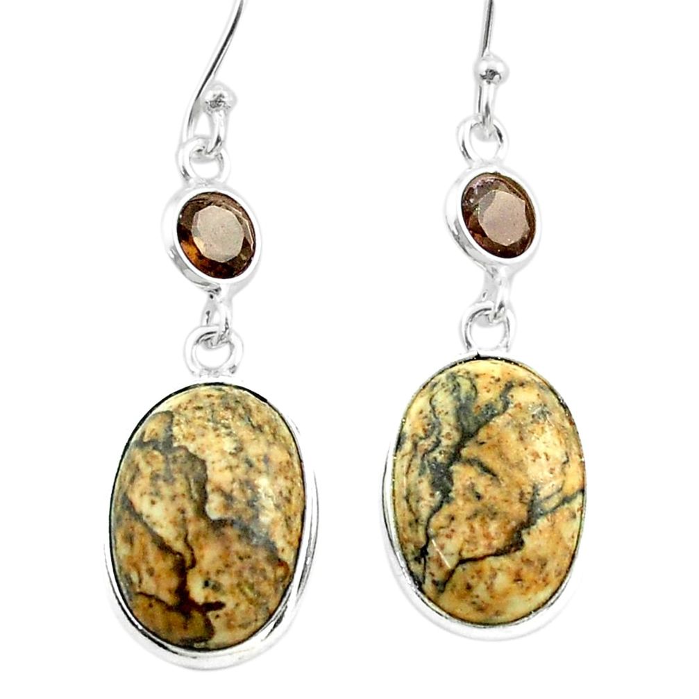 10.37cts natural brown picture jasper smoky topaz 925 silver earrings t54922