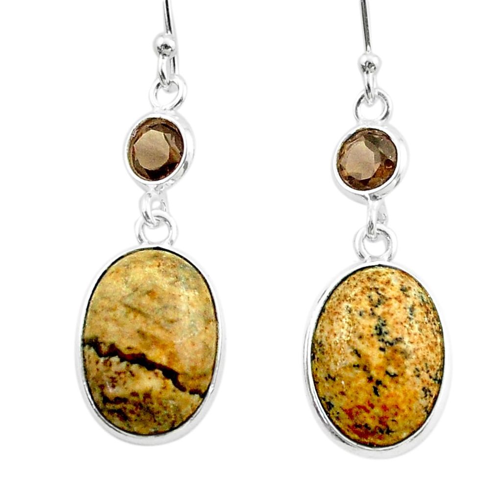 9.37cts natural brown picture jasper smoky topaz 925 silver earrings t54931