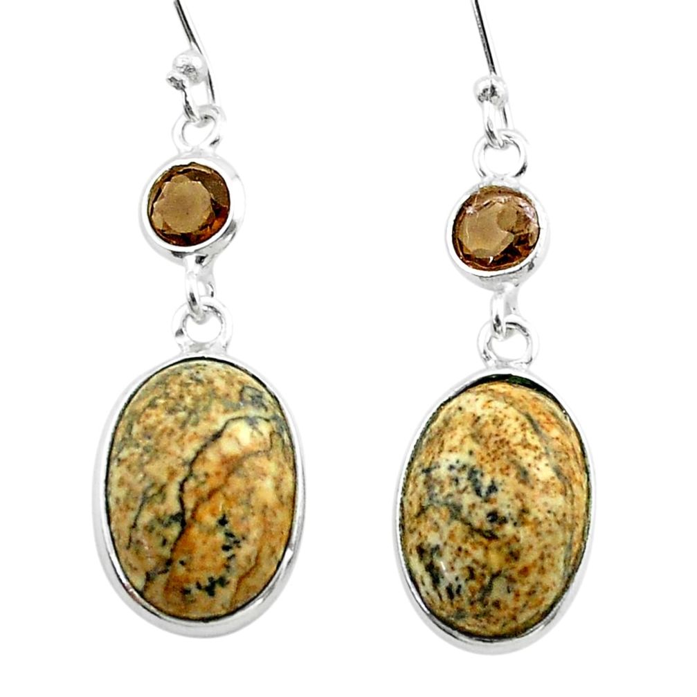 9.91cts natural brown picture jasper smoky topaz 925 silver earrings t54940