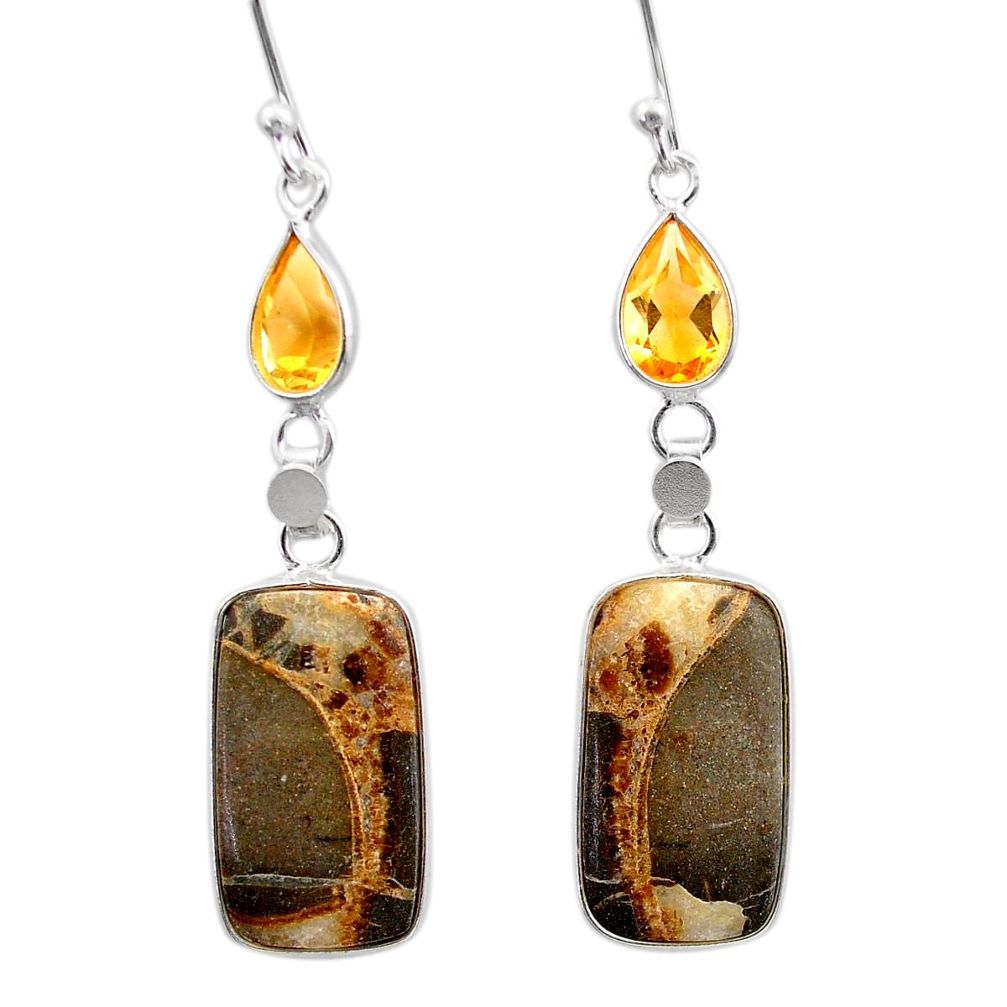 12.57cts natural brown septarian gonads citrine silver dangle earrings t61106