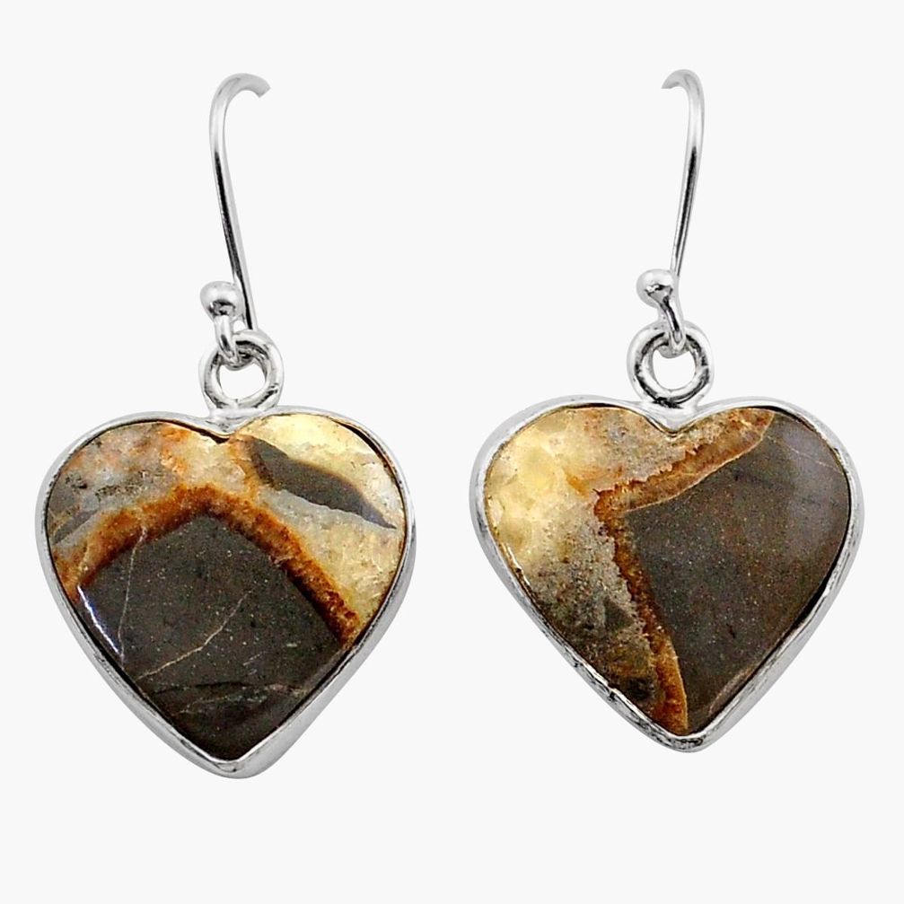 13.56cts natural brown septarian gonads heart 925 silver dangle earrings t60848
