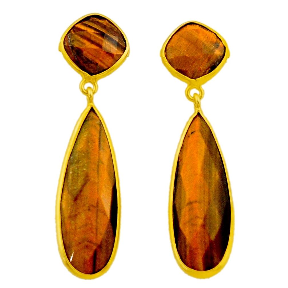 28.03cts natural brown tiger's eye 925 silver 14k gold dangle earrings r32495