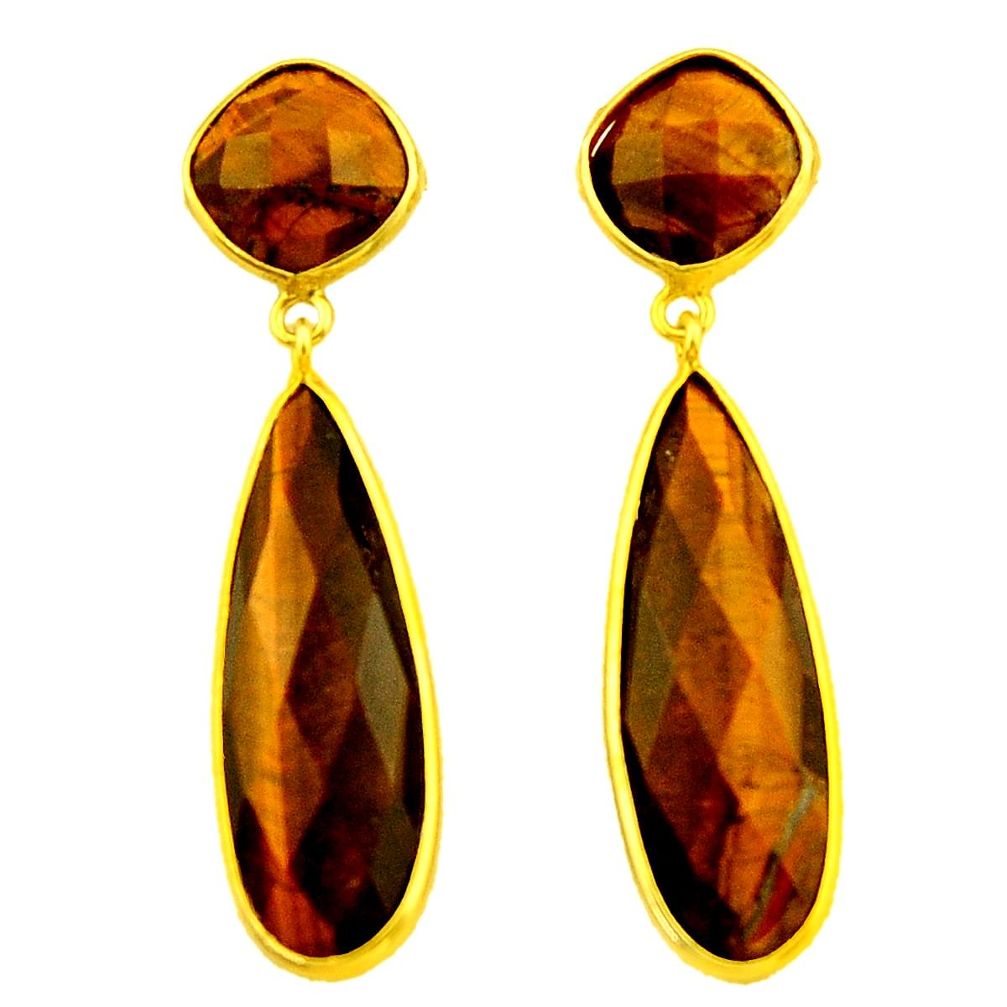 30.21cts natural brown tiger's eye 925 silver 14k gold dangle earrings r32498