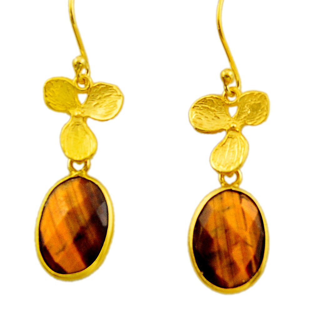 11.20cts natural brown tiger's eye 925 silver 14k gold dangle earrings r32620