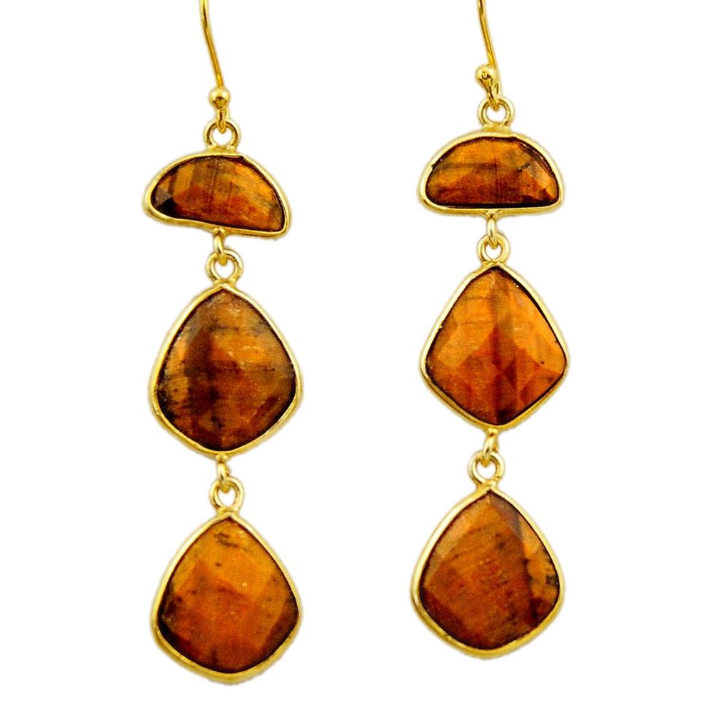 22.08cts natural brown tiger's eye 925 silver 14k gold dangle earrings r32653