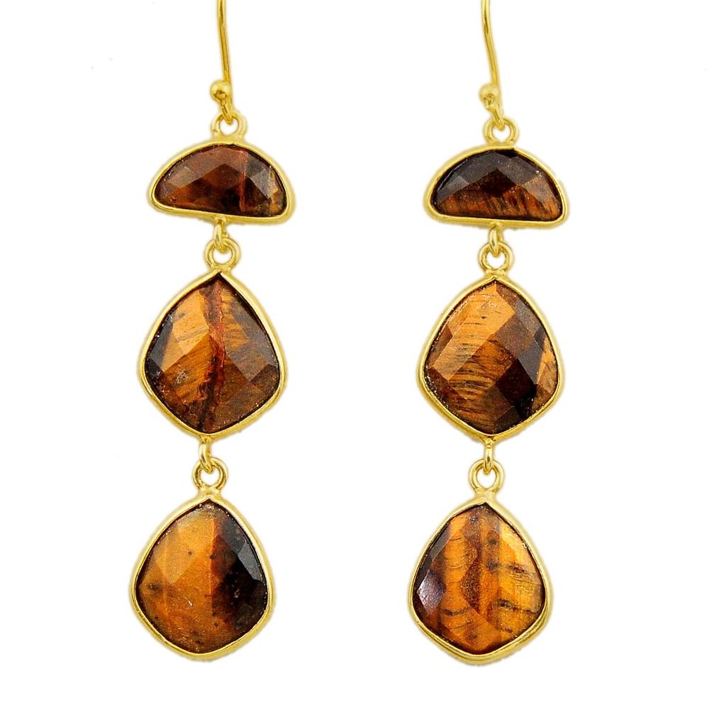 22.78cts natural brown tiger's eye 925 silver 14k gold dangle earrings r32656