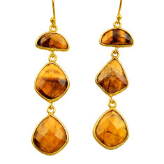 Clearance Sale- 22.78cts natural brown tiger's eye 925 silver 14k gold dangle earrings r32657