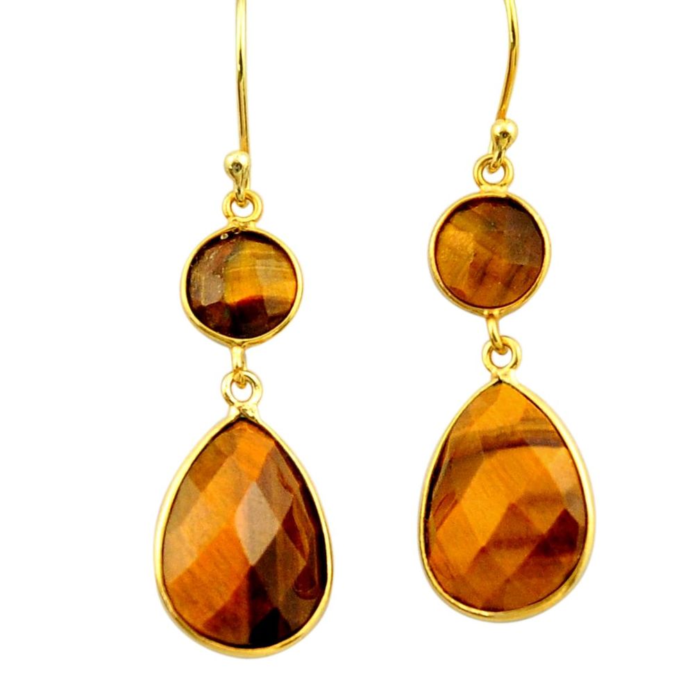 16.71cts natural brown tiger's eye 925 silver 14k gold dangle earrings r32716