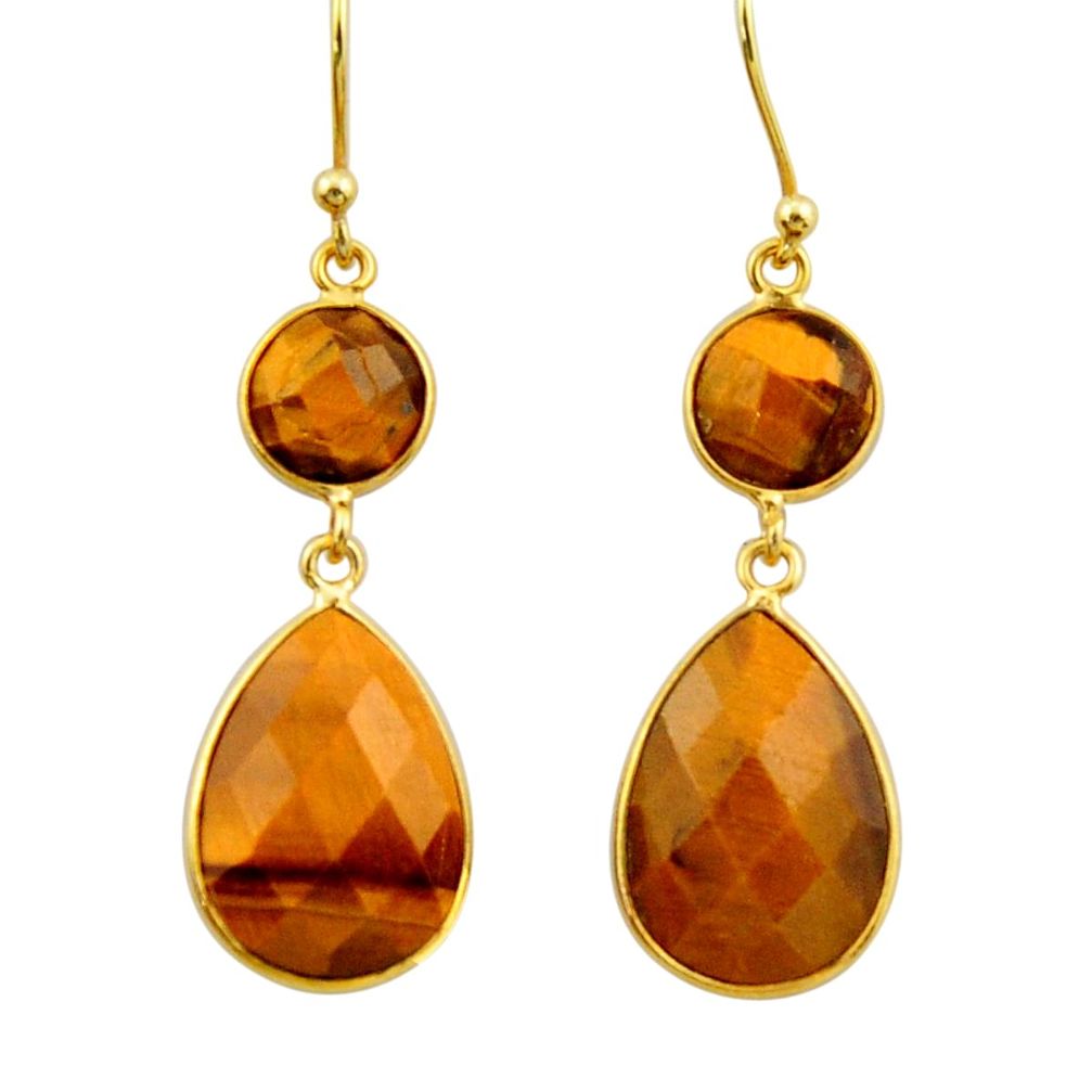 14.85cts natural brown tiger's eye 925 silver 14k gold dangle earrings r32717