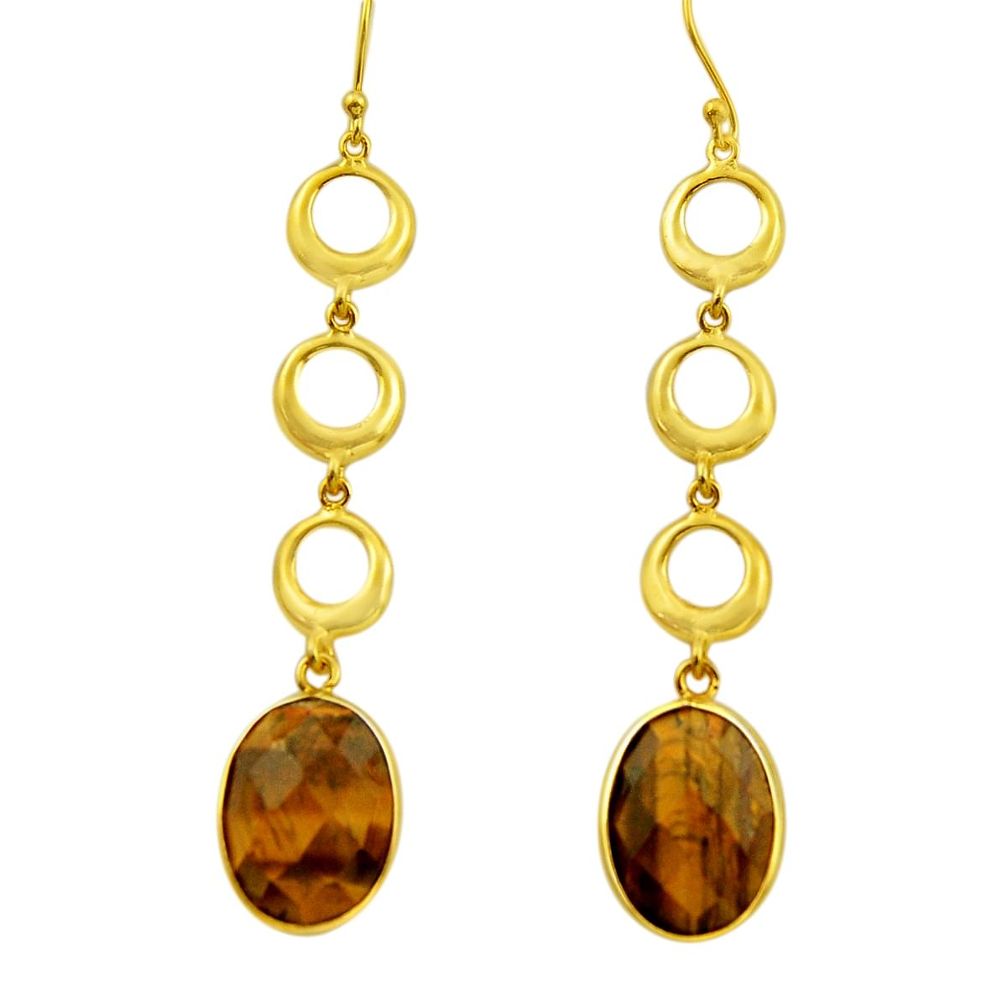 20.51cts natural brown tiger's eye 925 silver 14k gold dangle earrings r32733