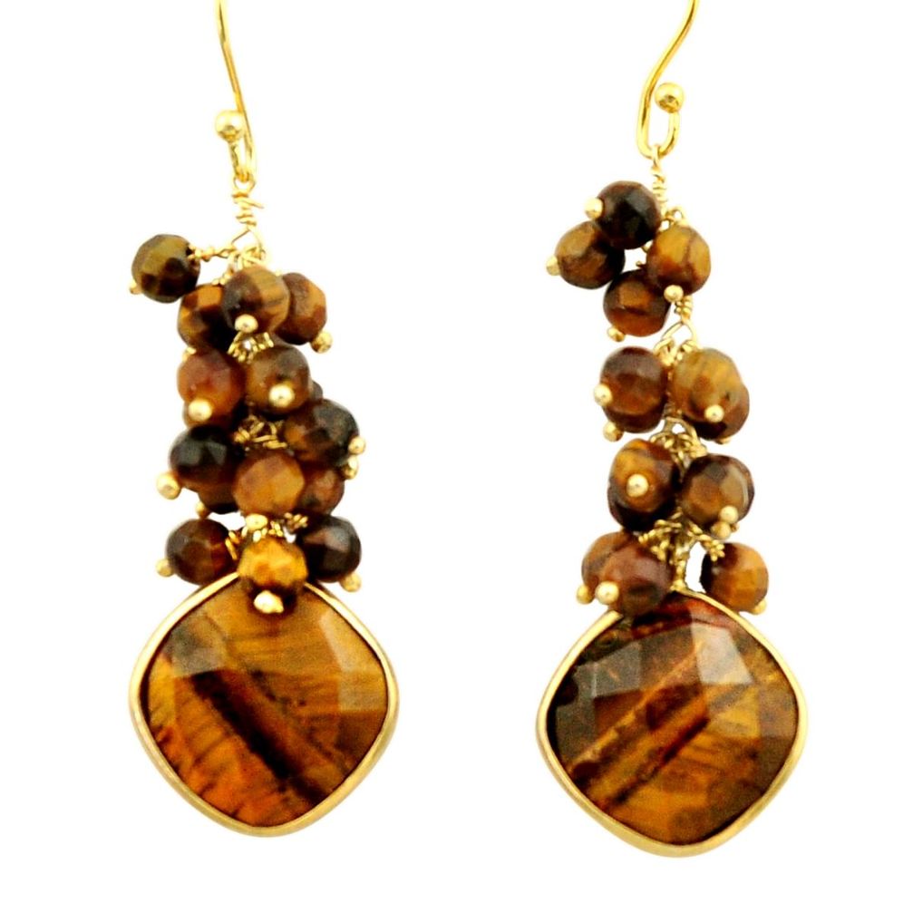 27.81cts natural brown tiger's eye 925 silver 14k gold dangle earrings r32796