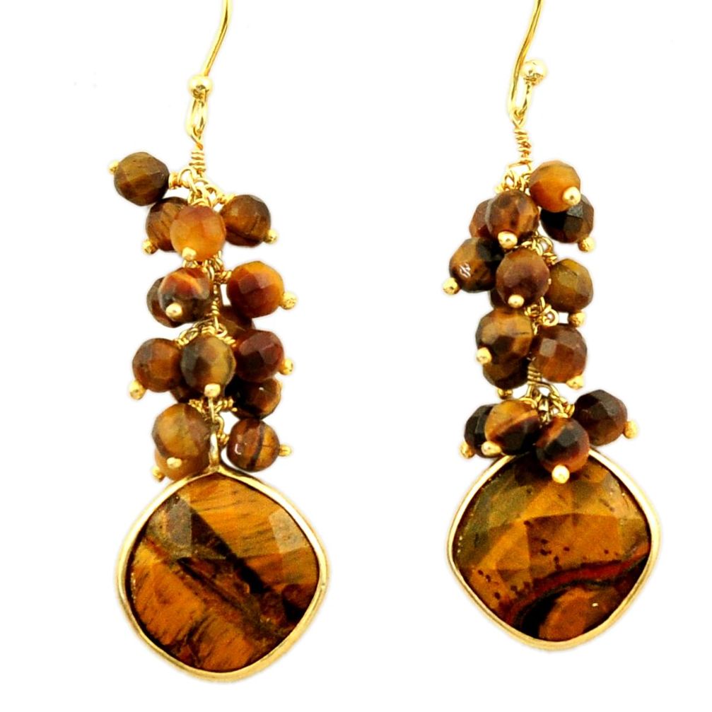 27.17cts natural brown tiger's eye 925 silver 14k gold dangle earrings r32797