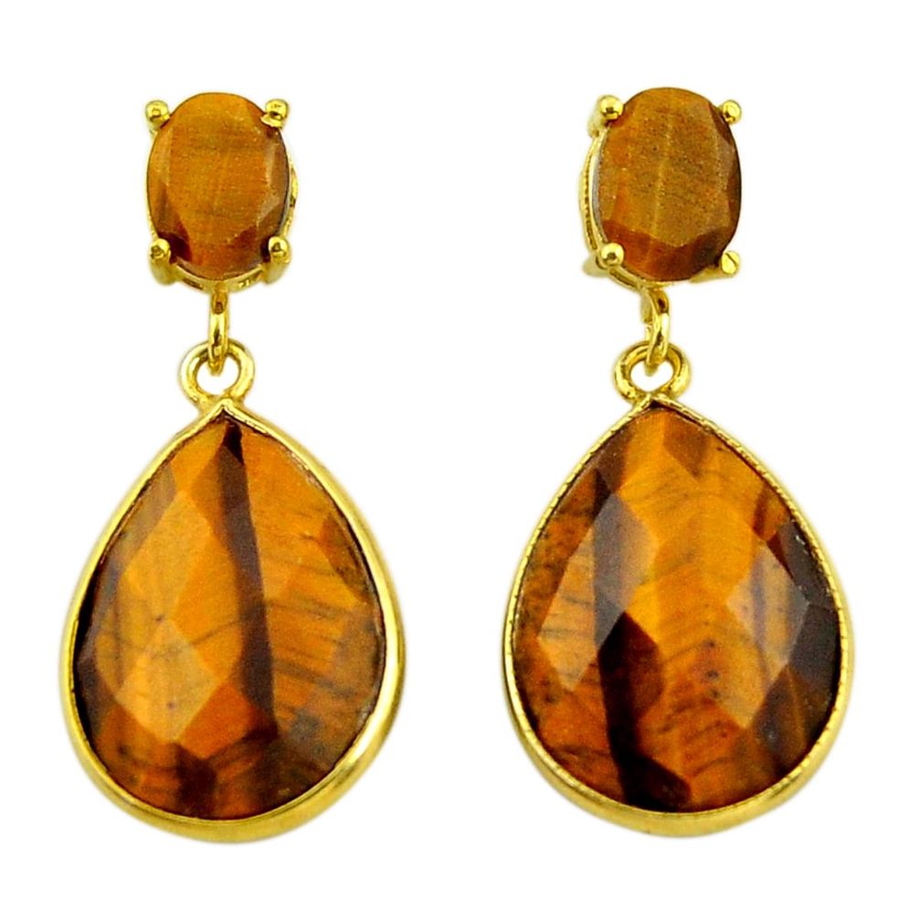 21.41cts natural brown tiger's eye 925 silver 14k gold dangle earrings r32820
