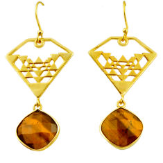 13.79cts natural brown tiger's eye 925 silver 14k gold dangle earrings r32856