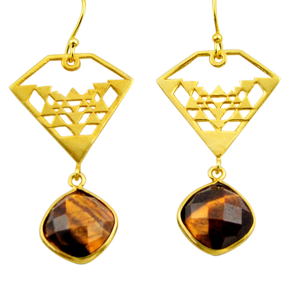 13.79cts natural brown tiger's eye 925 silver 14k gold dangle earrings r32858