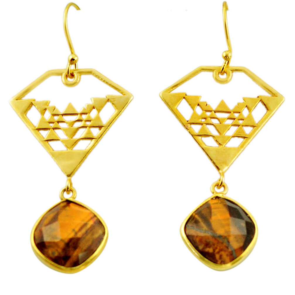 13.38cts natural brown tiger's eye 925 silver 14k gold dangle earrings r32860