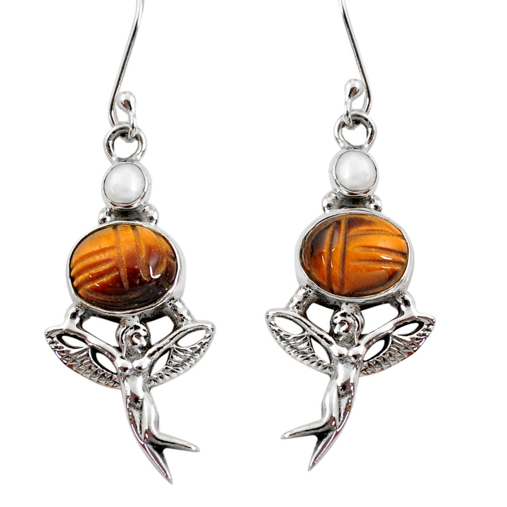 11.02cts natural brown tiger's eye 925 silver angel wings fairy earrings d40512