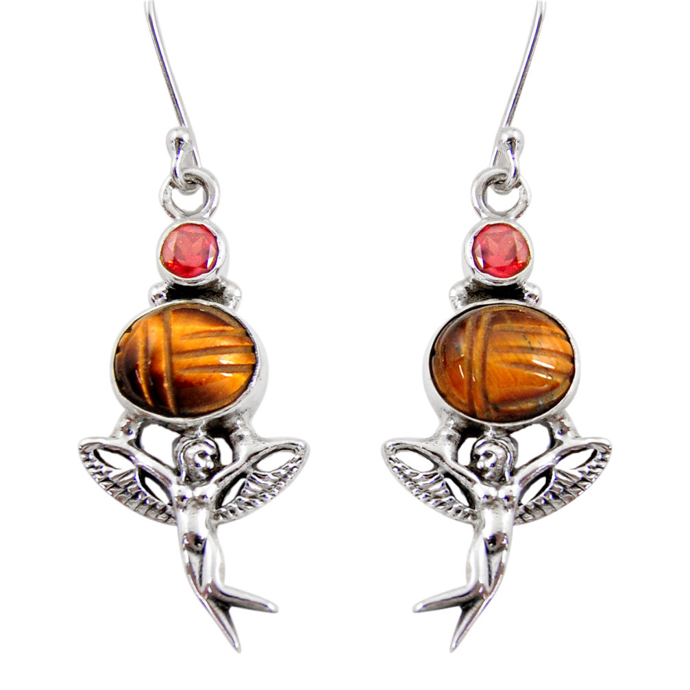 10.56cts natural brown tiger's eye 925 silver angel wings fairy earrings d40514