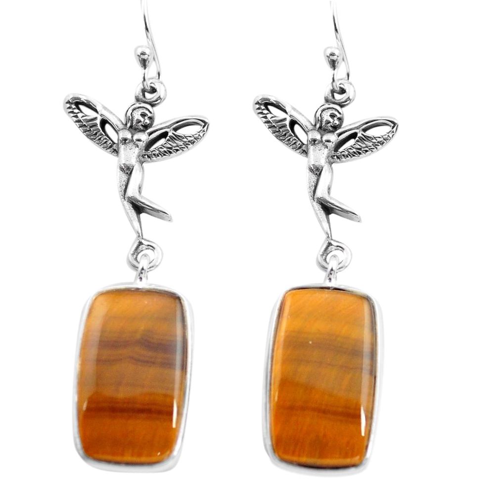 17.57cts natural brown tiger's eye 925 silver angel wings fairy earrings p72508