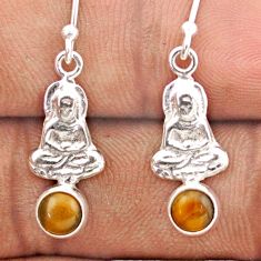 1.44cts natural brown tiger's eye 925 silver buddha charm earrings t82791