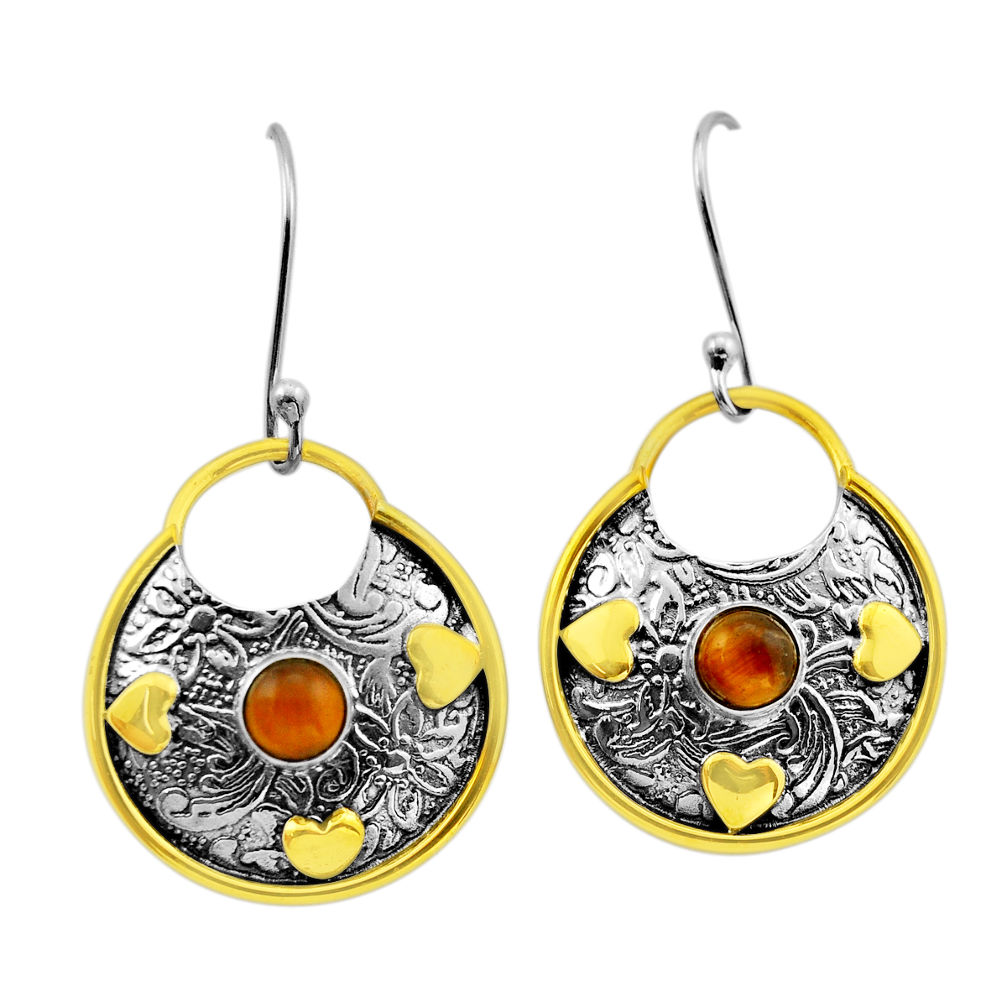 1.76cts natural brown tiger's eye 925 silver gold dangle earrings jewelry n51002