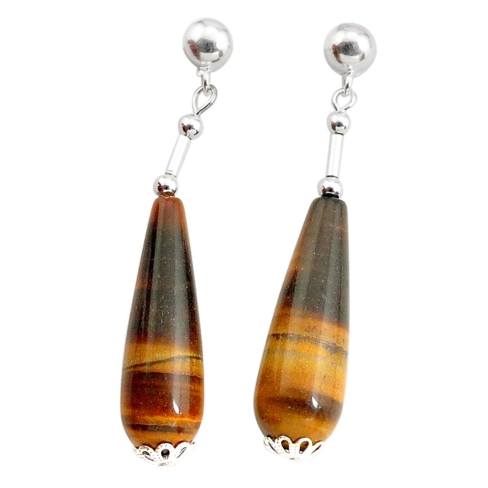 34.54cts natural brown tiger's eye 925 sterling silver dangle earrings c27700