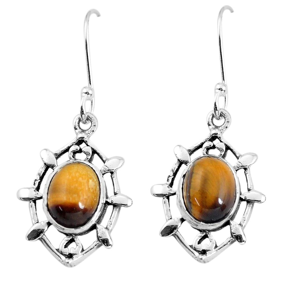 7.04cts natural brown tiger's eye 925 sterling silver dangle earrings p58116