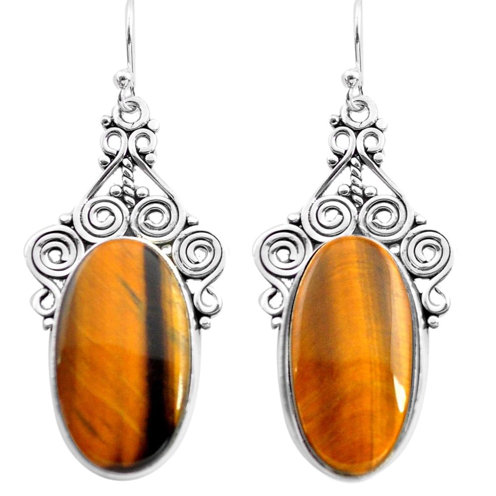 22.22cts natural brown tiger's eye 925 sterling silver dangle earrings p72663