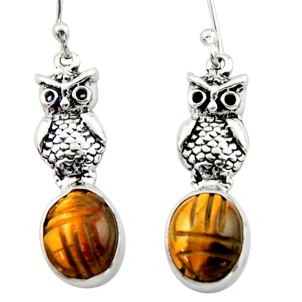 6.95cts natural brown tiger's eye 925 sterling silver owl earrings d46772