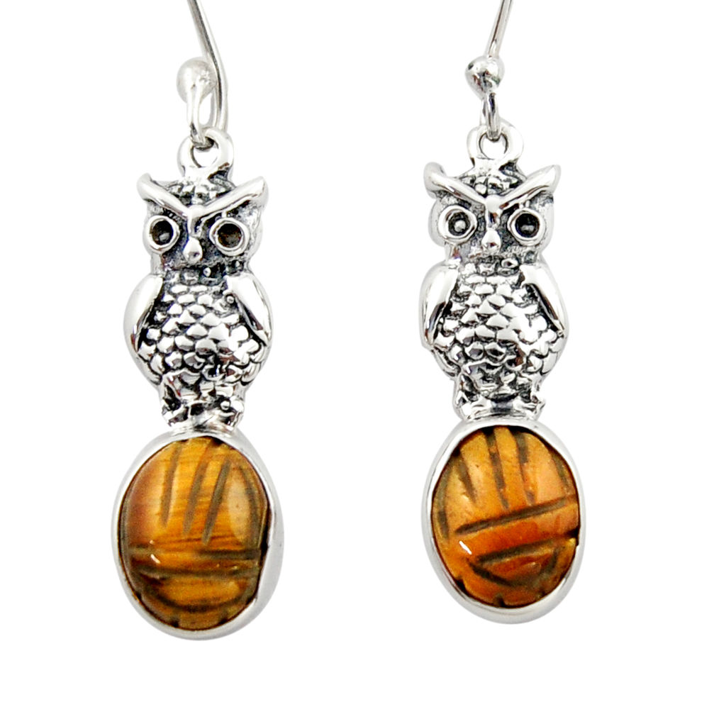 7.04cts natural brown tiger's eye 925 sterling silver owl earrings d46776