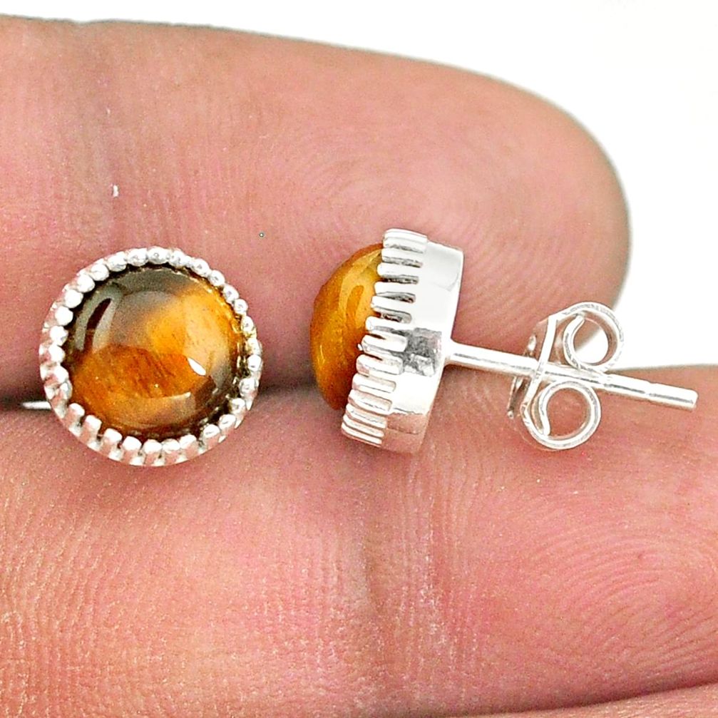 5.86cts natural brown tiger's eye 925 sterling silver stud earrings t43732