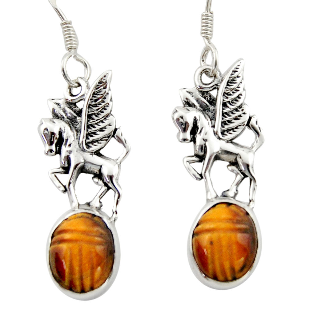 7.25cts natural brown tiger's eye 925 sterling silver unicorn earrings d46771