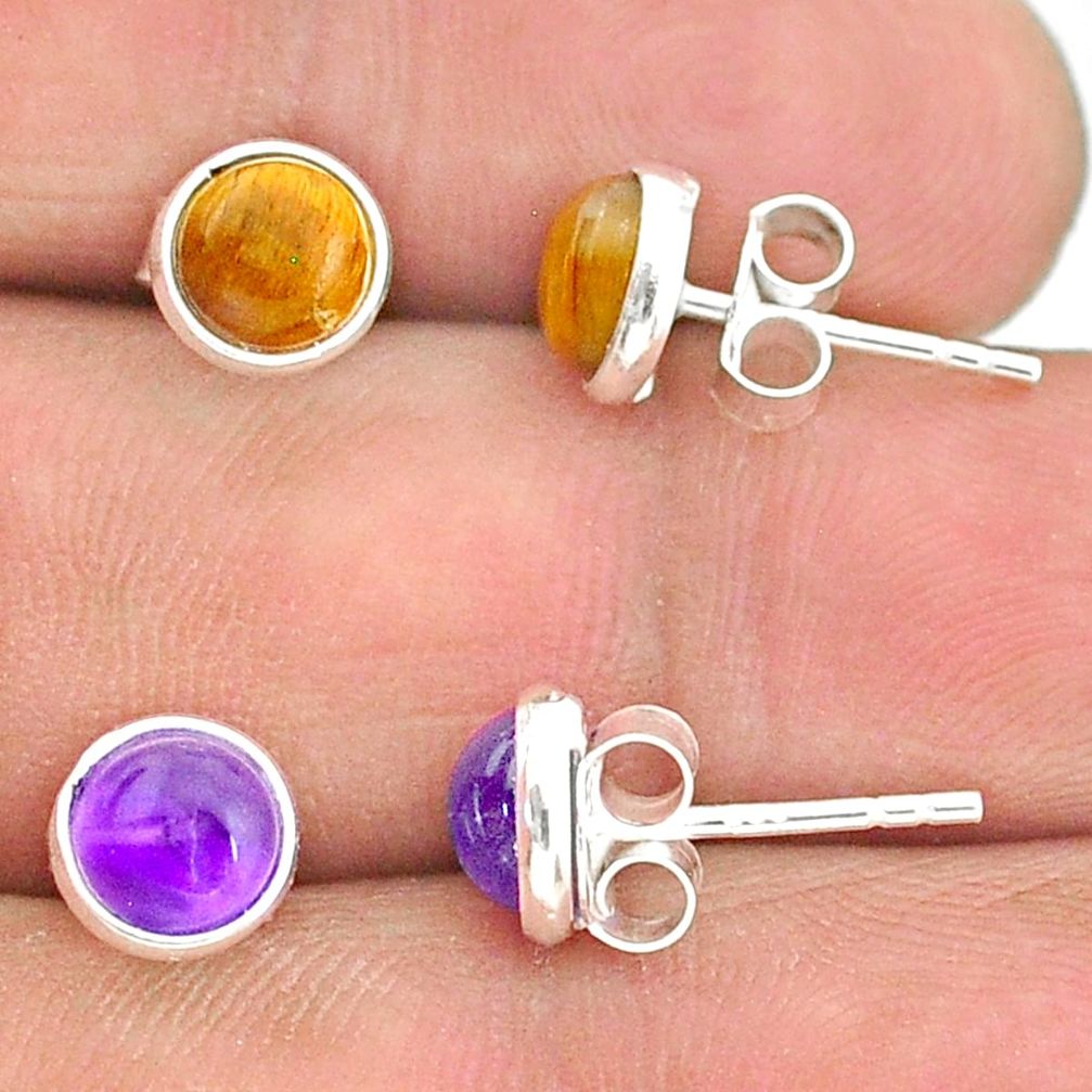 4.12cts natural brown tiger's eye amethyst 925 silver stud earrings t23929