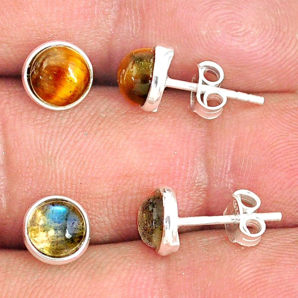 6.16cts natural brown tiger's eye labradorite 925 silver stud earrings r81545