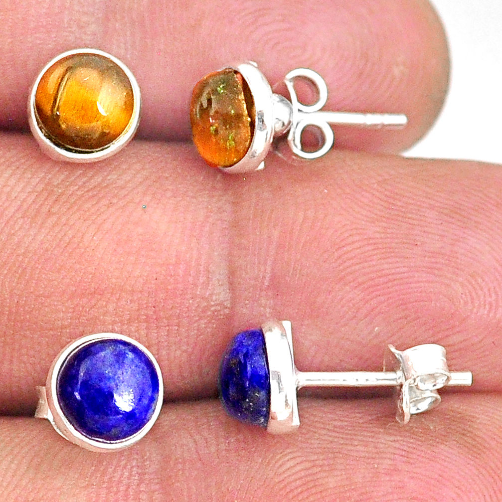 6.16cts natural brown tiger's eye lapis lazuli 925 silver stud earrings r81586
